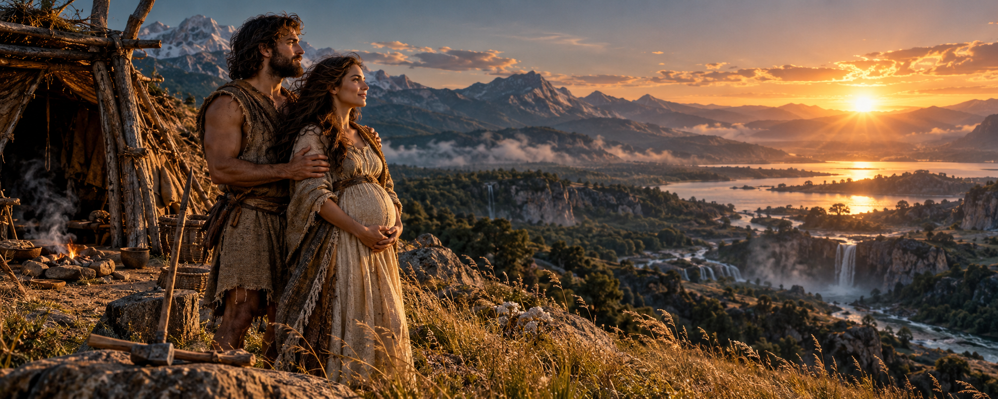 Adult Adam stands beside pregnant Eve outside their first shelter at sunrise