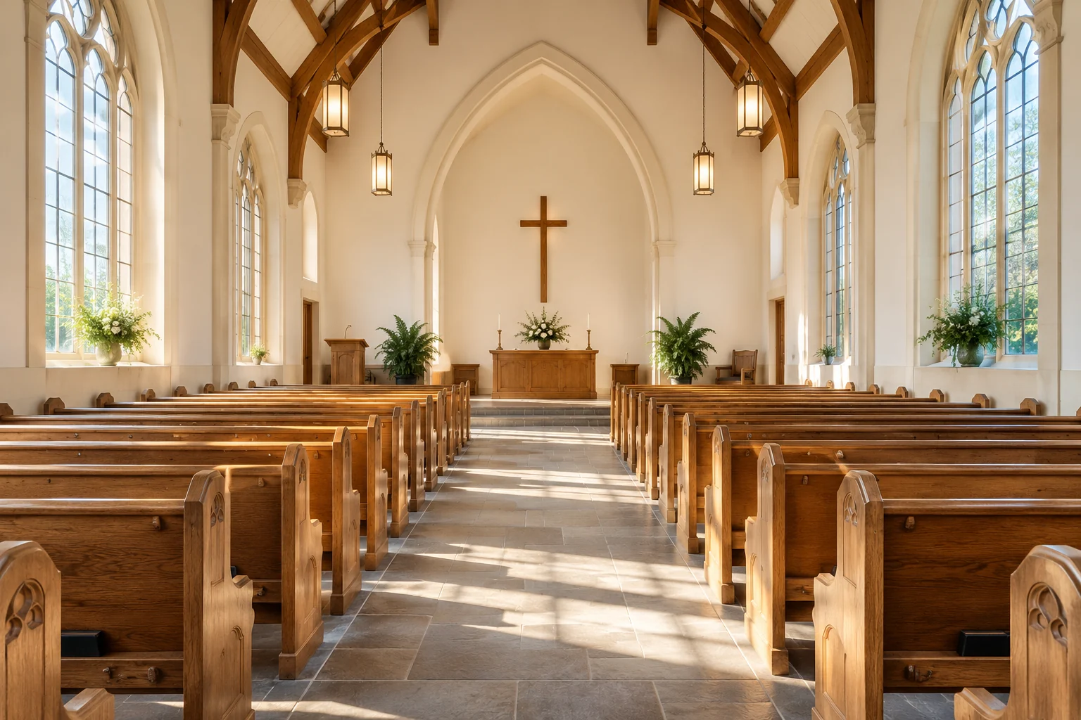 Sunlight filling a welcoming church with wooden pews