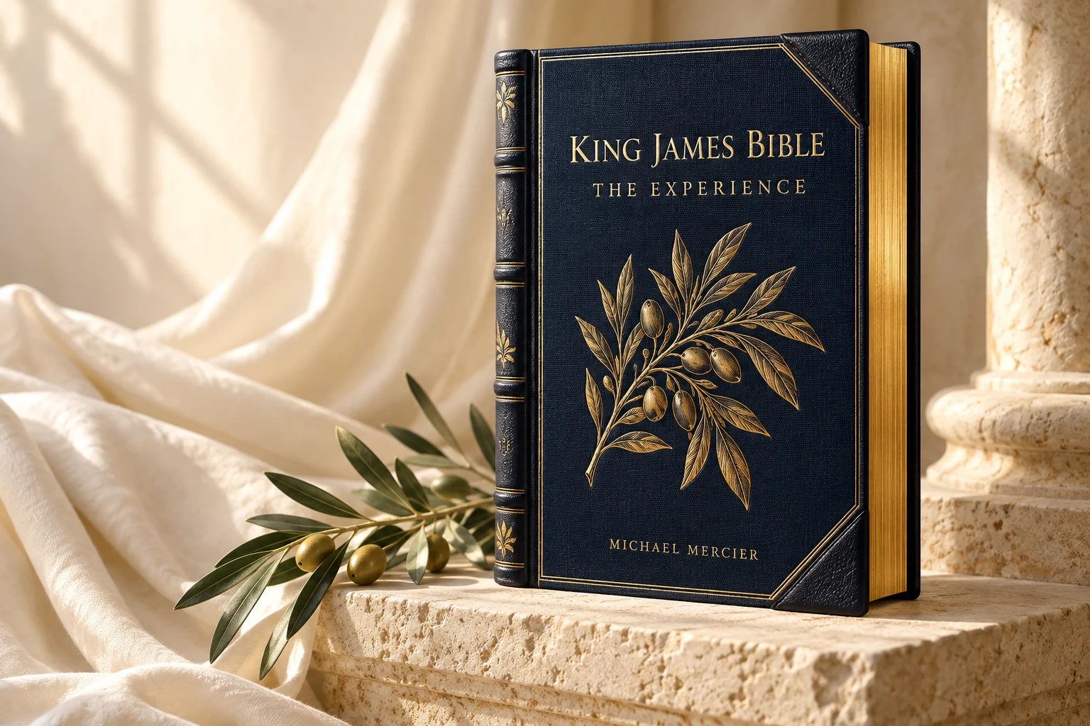 Design preview of the King James Bible Experience hardcover with antique gold ornament on a navy cover