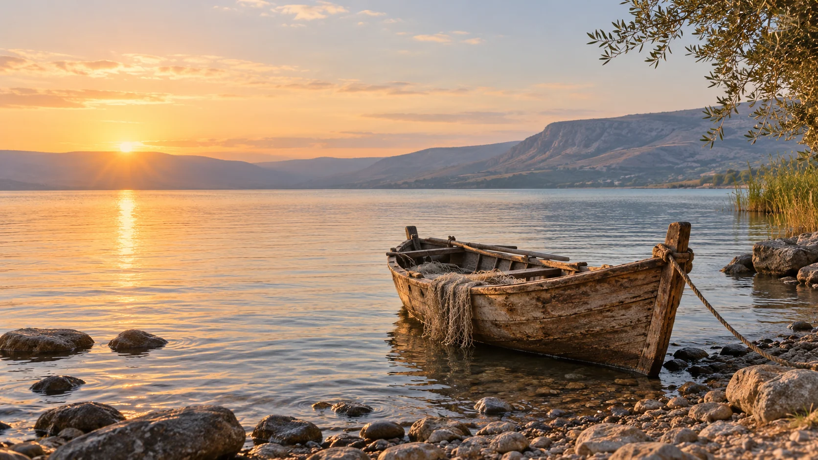 A wooden fishing boat resting on the shores of Galilee in the light of dawn