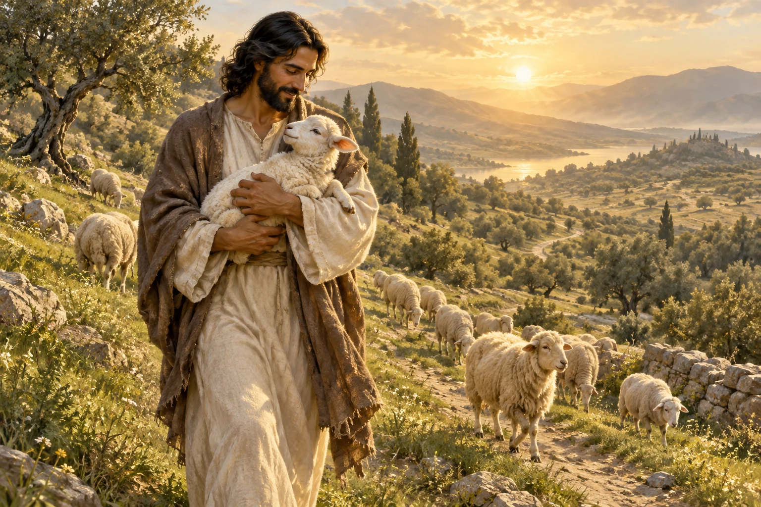 Artistic depiction of a shepherd holding a lamb in a sunlit landscape